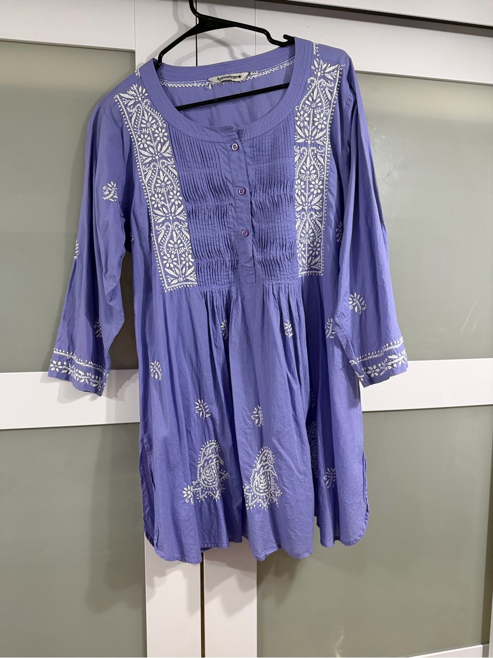 Embroidered 100% Cotton Periwinkle Light blue Lavender Tunic Top Embroidery
